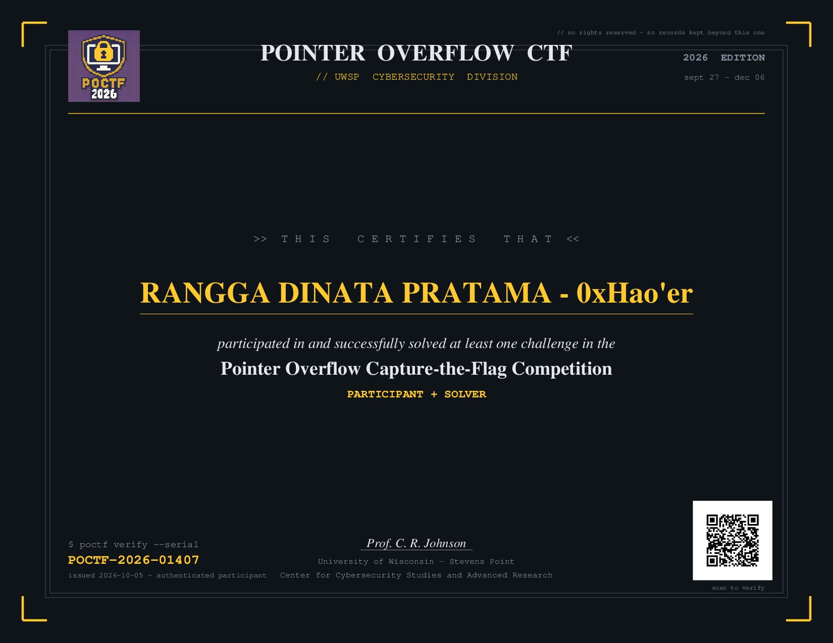 POCTF 2026 — Participant + Solver certificate